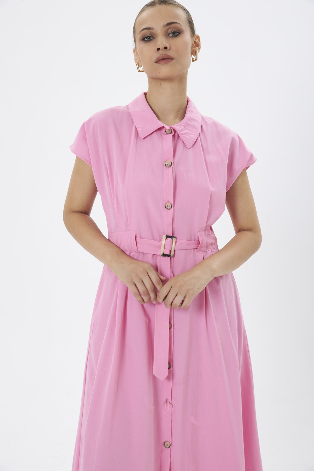 3976-Pembe Kemer Detaylı Cepli Elbise