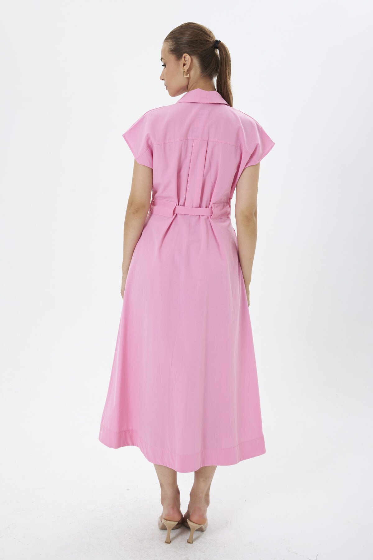 3976-Pembe Kemer Detaylı Cepli Elbise
