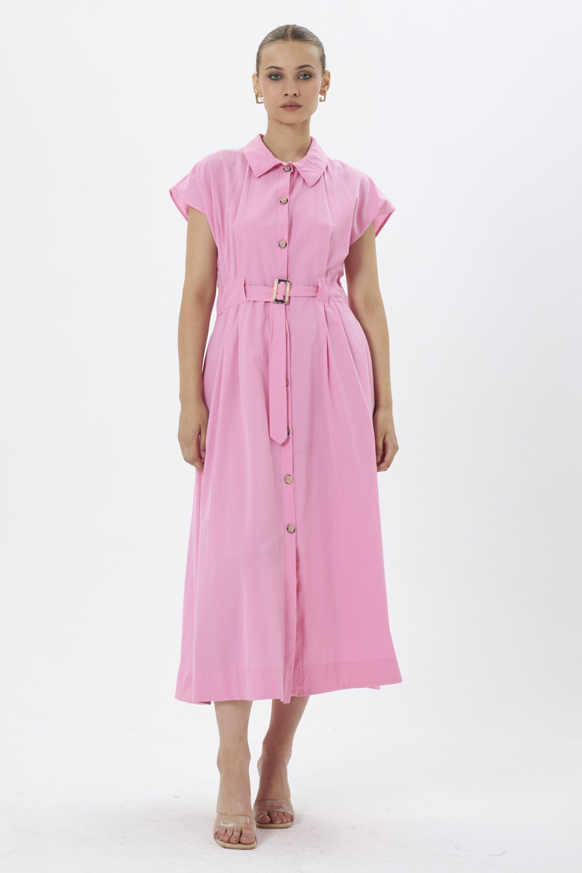 3976-Pembe Kemer Detaylı Cepli Elbise