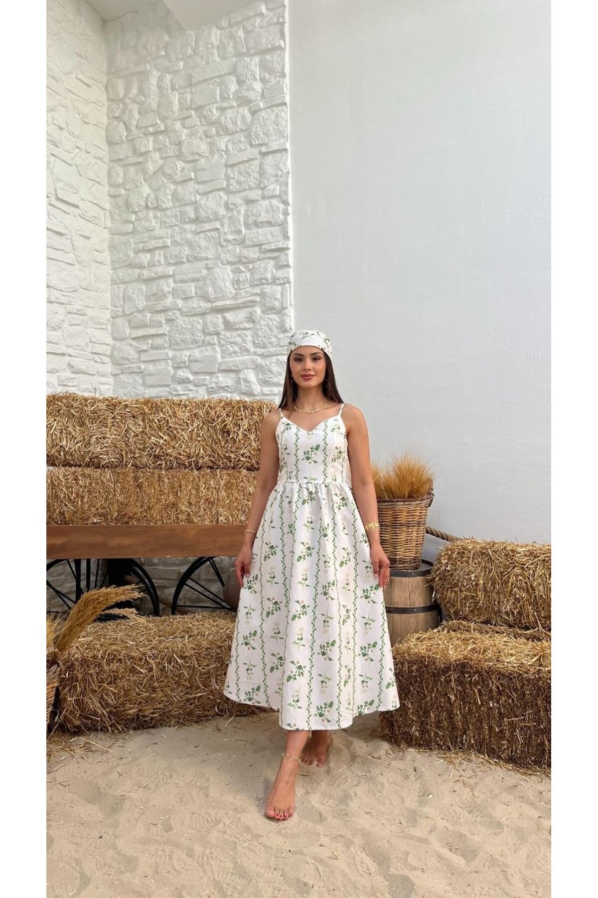 4013-YEŞİL DAL DESEN POPLİN ELBİSE