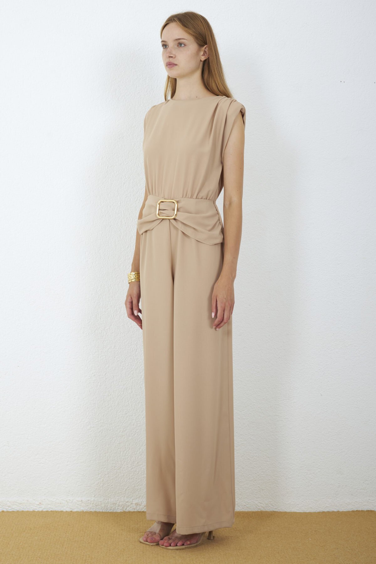 4043-Bej Milano Gold Tokalı Drapeli Tulum
