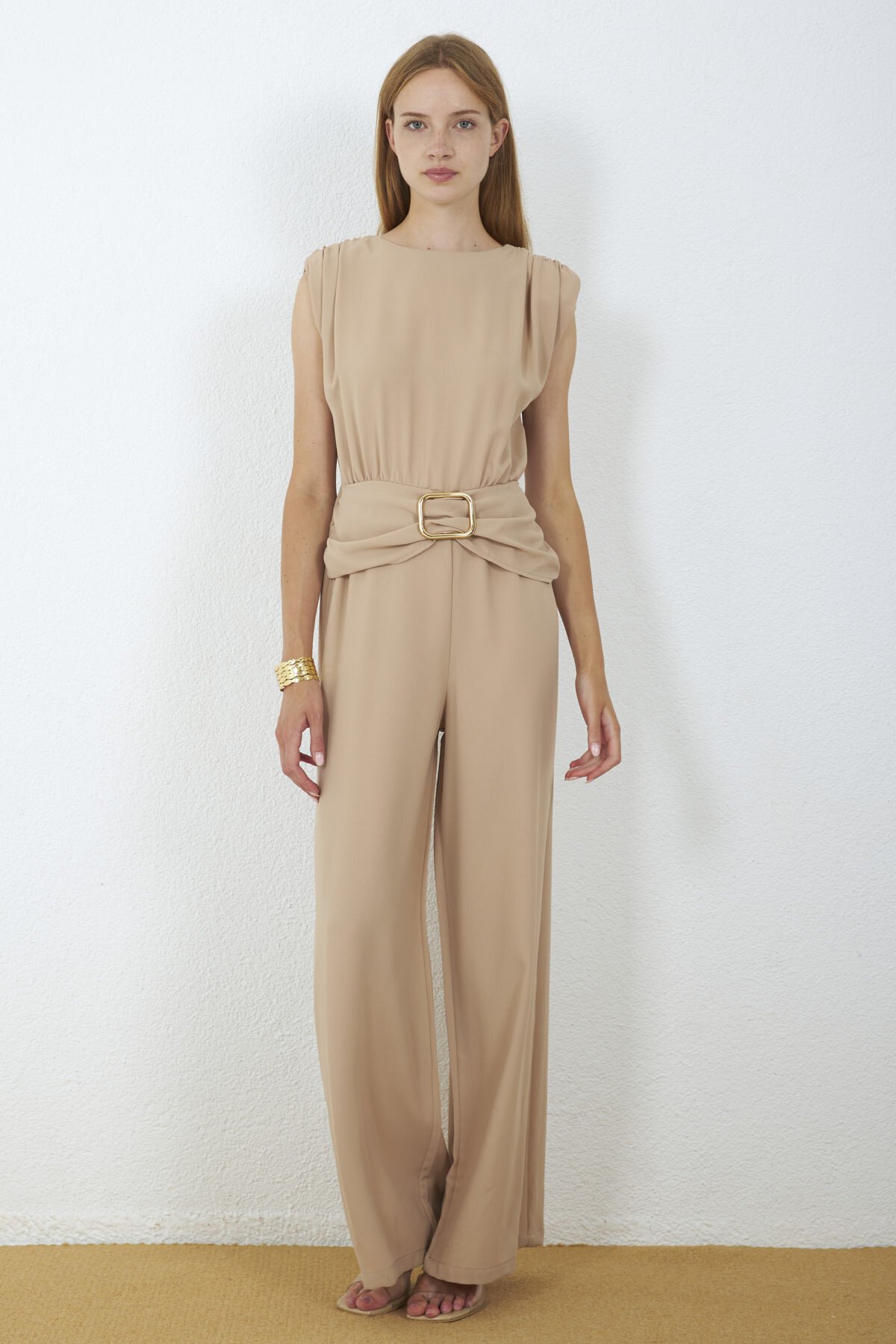 4043-Bej Milano Gold Tokalı Drapeli Tulum