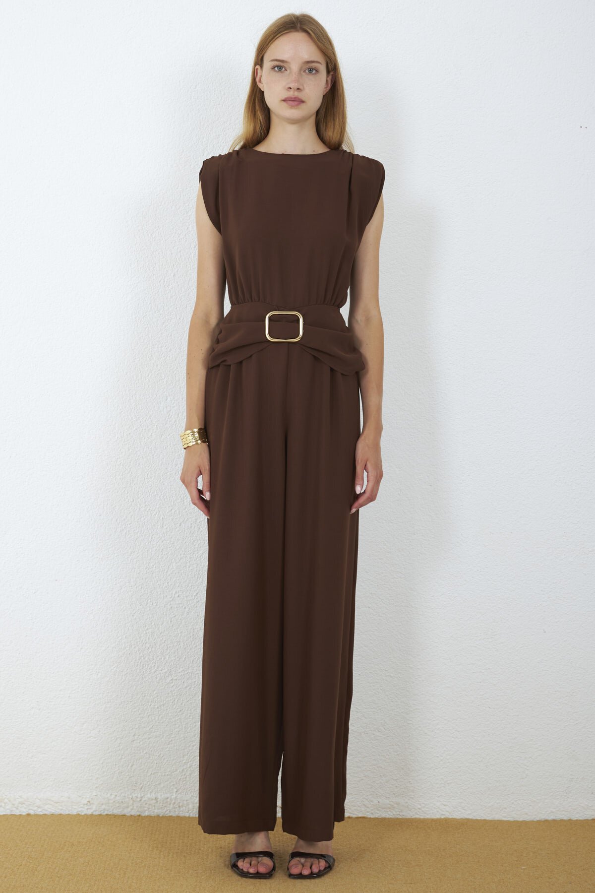 4043-Kahve Milano Gold Tokalı Drapeli Tulum