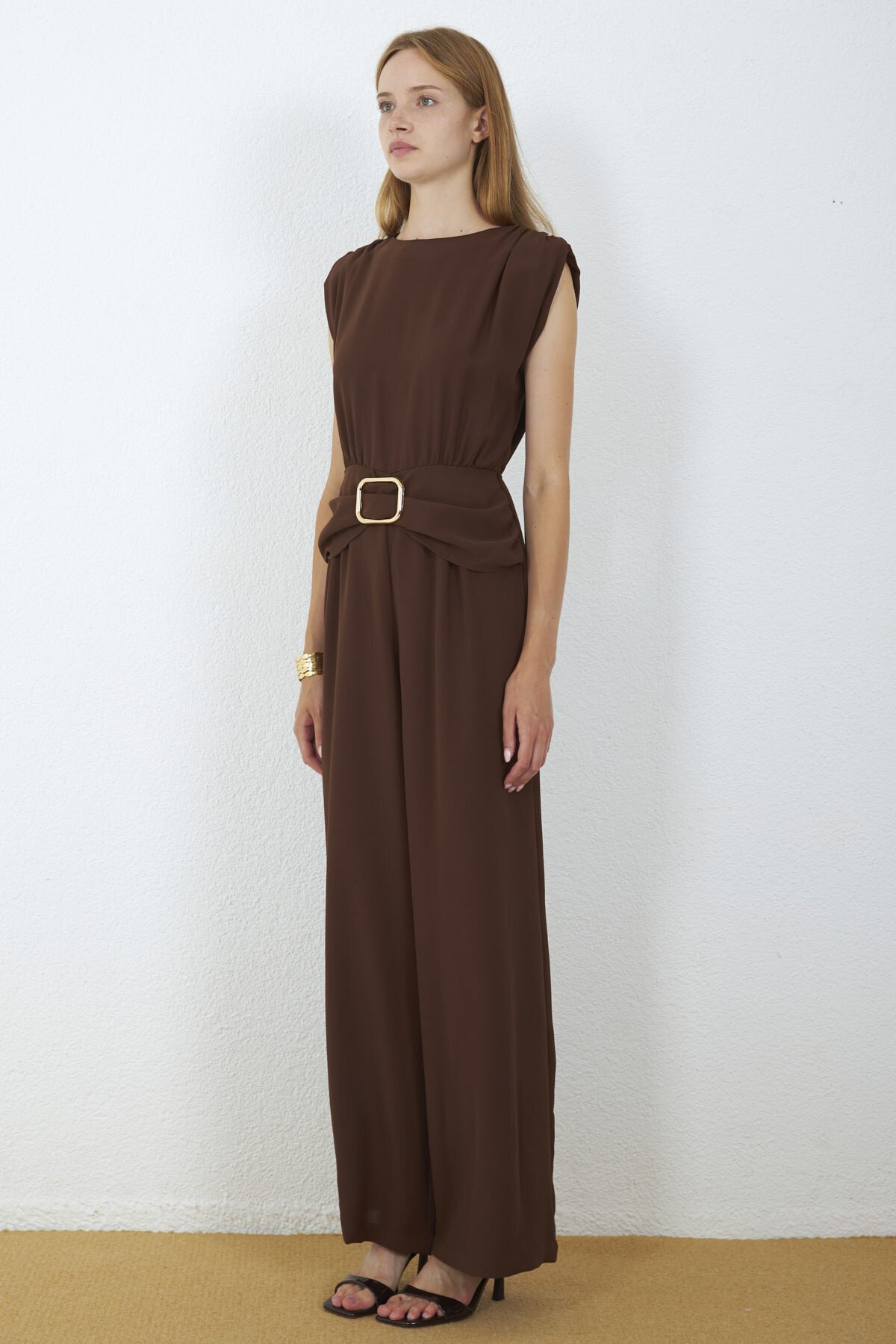 4043-Kahve Milano Gold Tokalı Drapeli Tulum