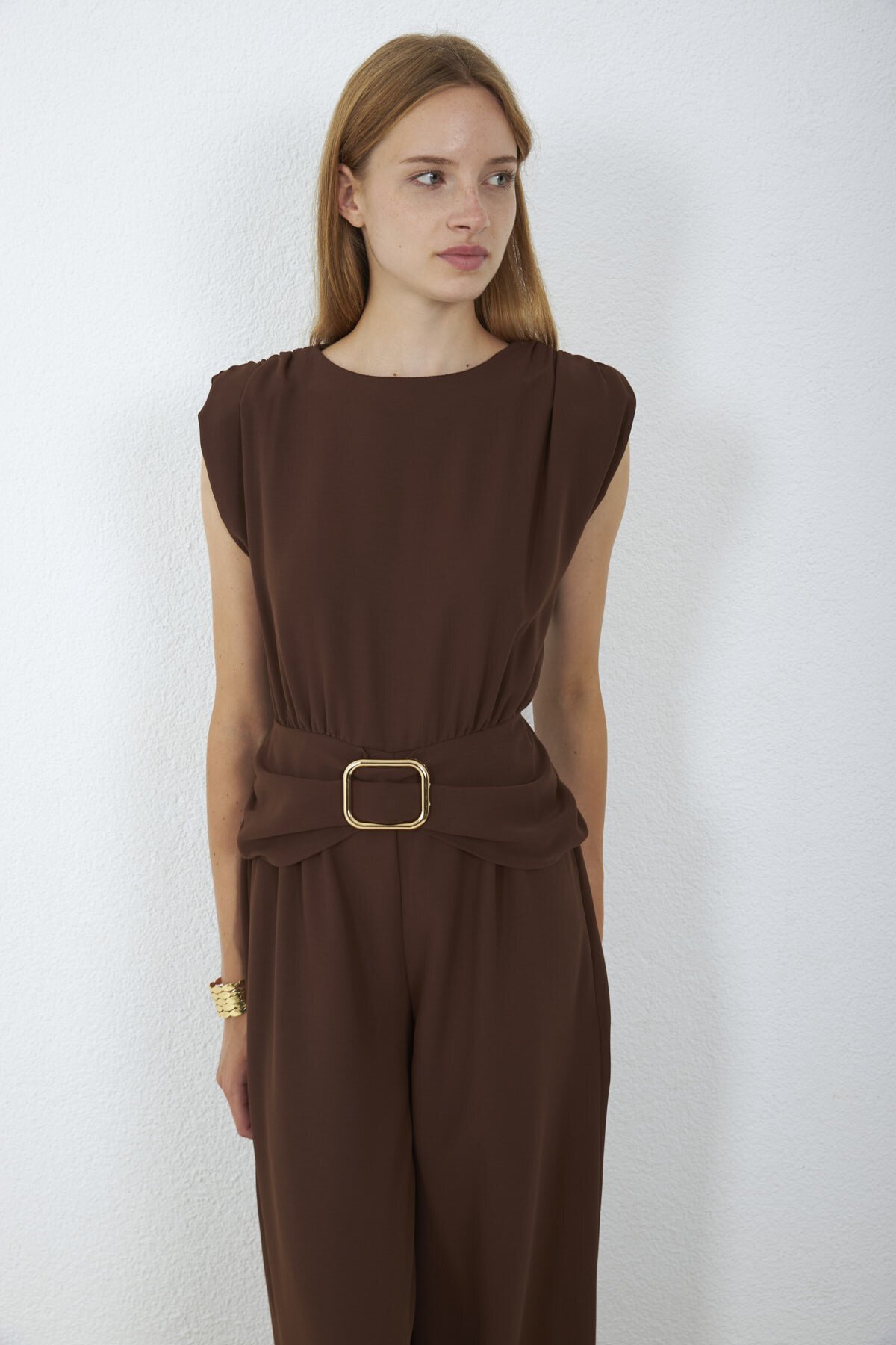 4043-Kahve Milano Gold Tokalı Drapeli Tulum