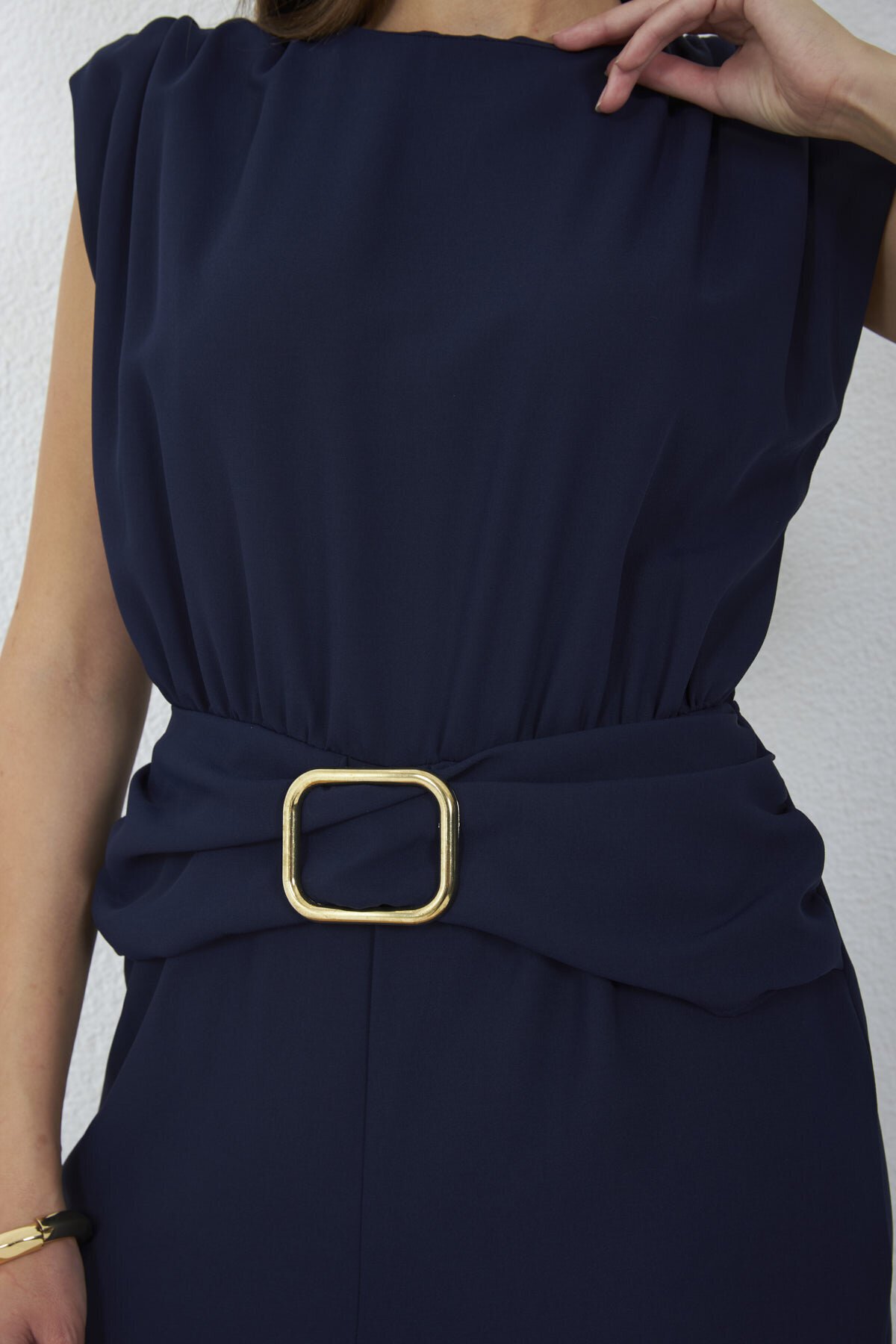 4043-Lacivert Milano Gold Tokalı Drapeli Tulum