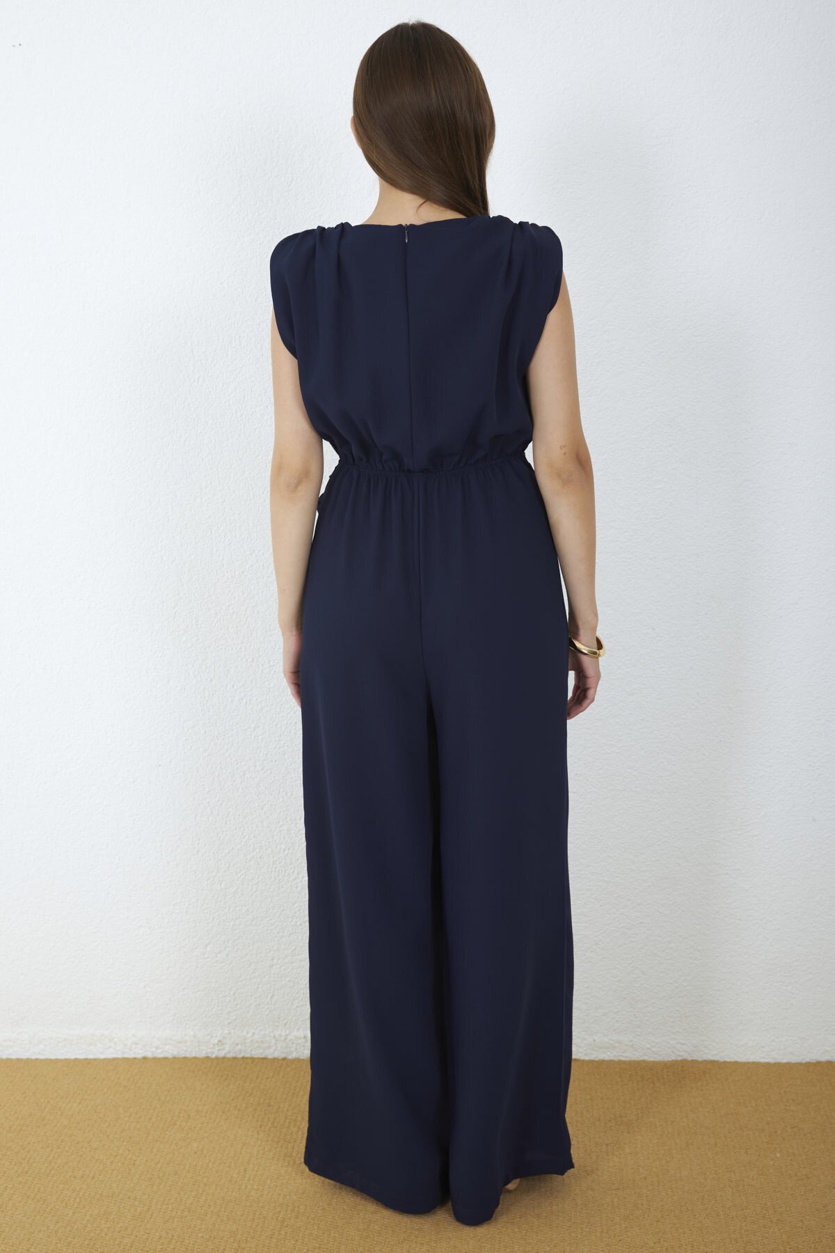 4043-Lacivert Milano Gold Tokalı Drapeli Tulum