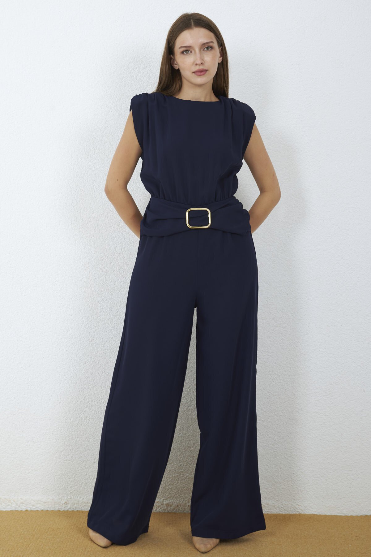 4043-Lacivert Milano Gold Tokalı Drapeli Tulum