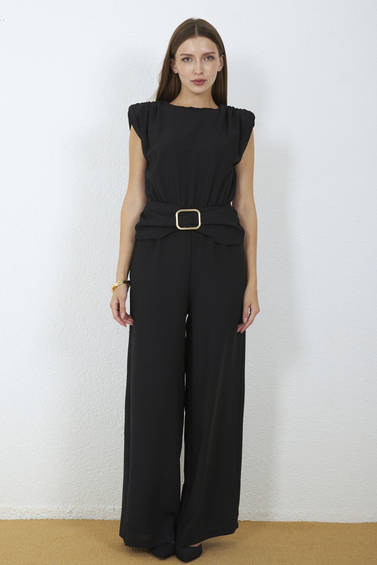 4043-Siyah Milano Gold Tokalı Drapeli Tulum