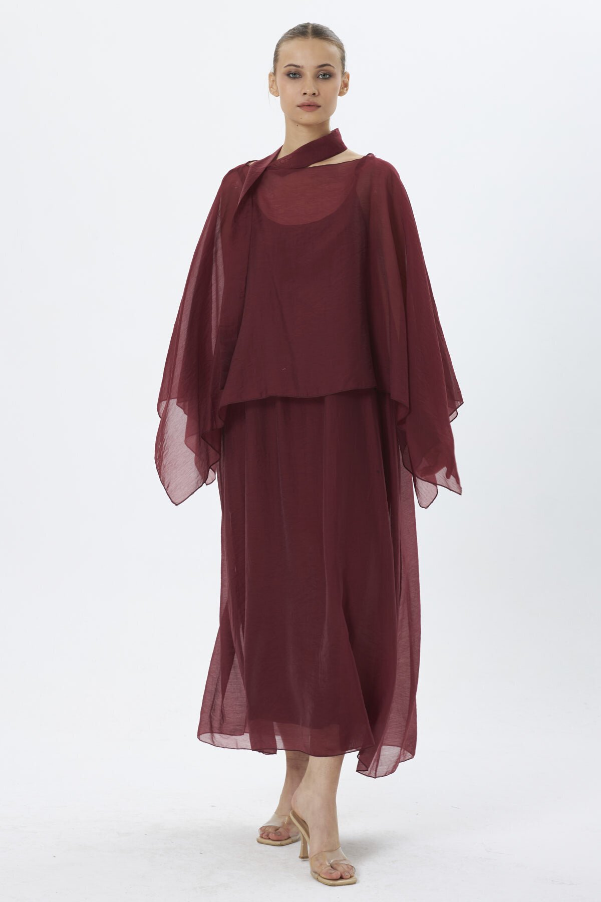 4086-Bordo Şifon Kaftan Detaylı Astar İçli Takım