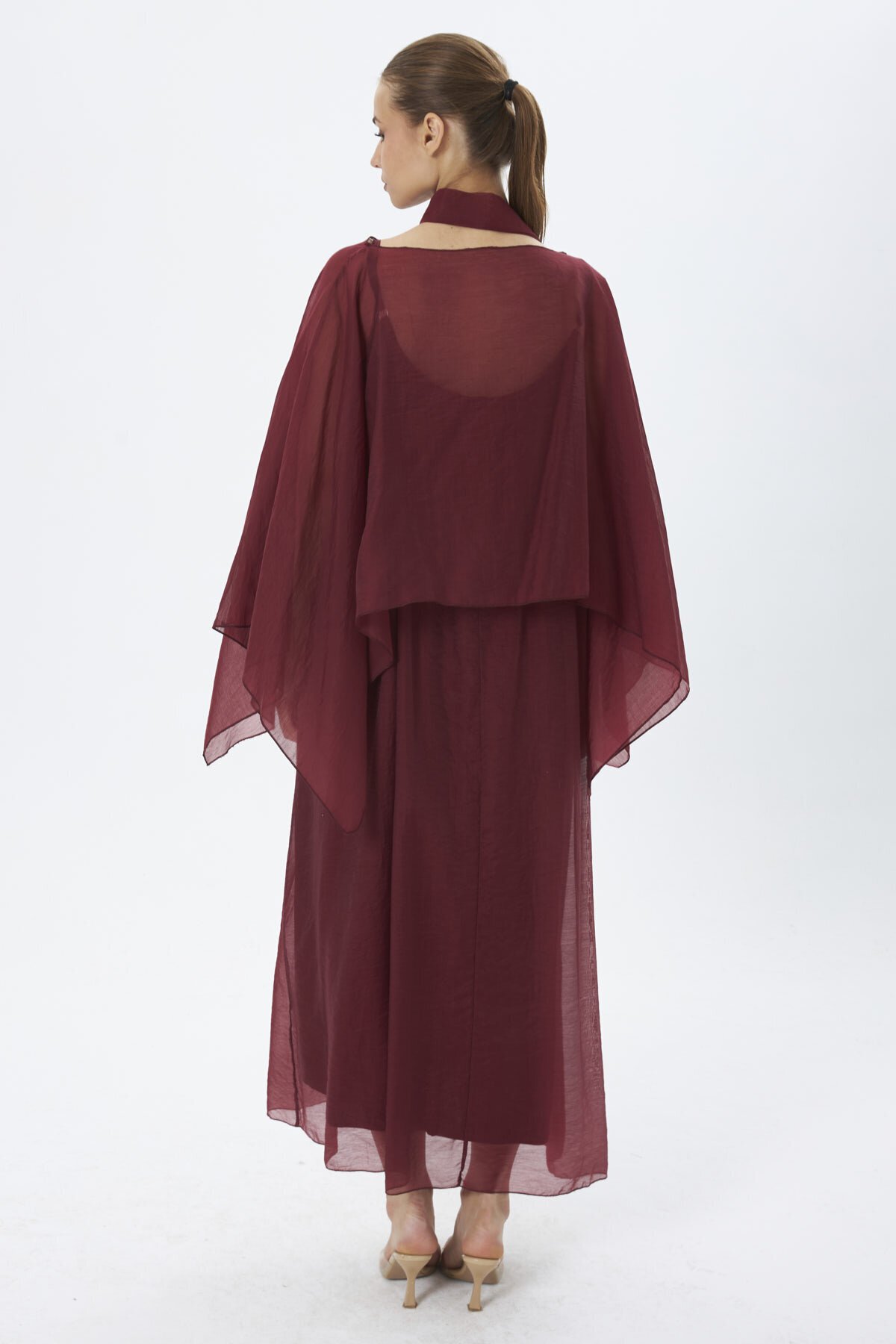4086-Bordo Şifon Kaftan Detaylı Astar İçli Takım
