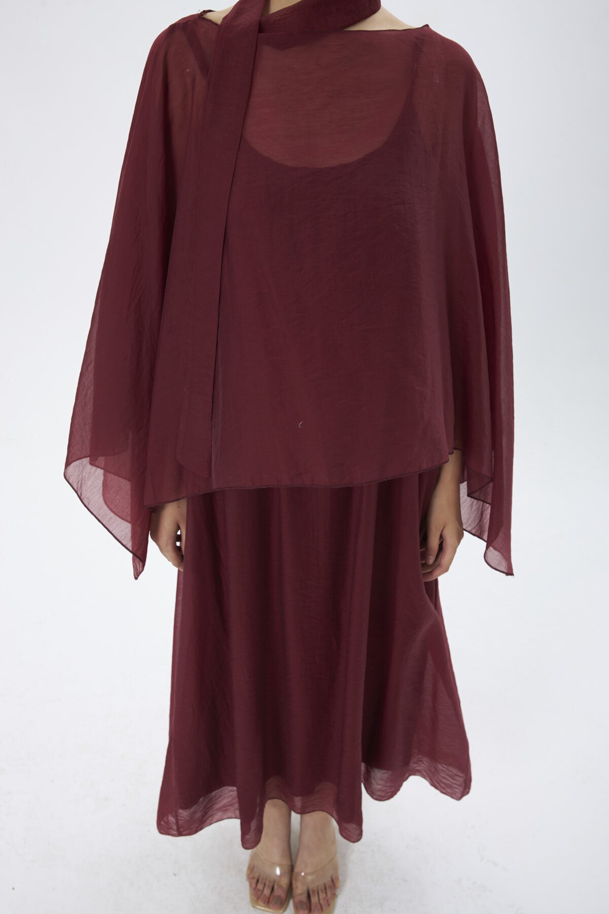 4086-Bordo Şifon Kaftan Detaylı Astar İçli Takım