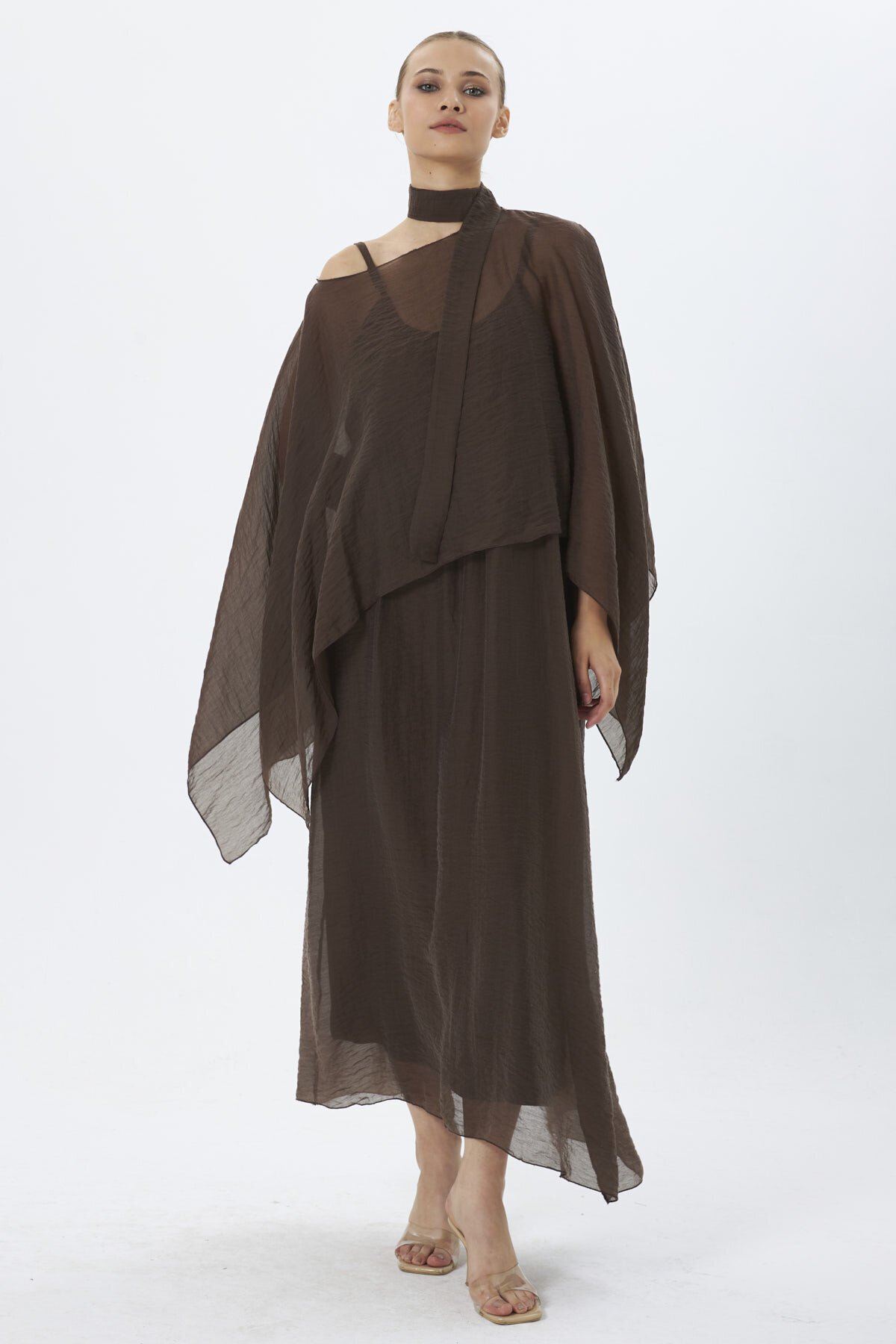 4086-Kahve Şifon Kaftan Detaylı Astar İçli Takım