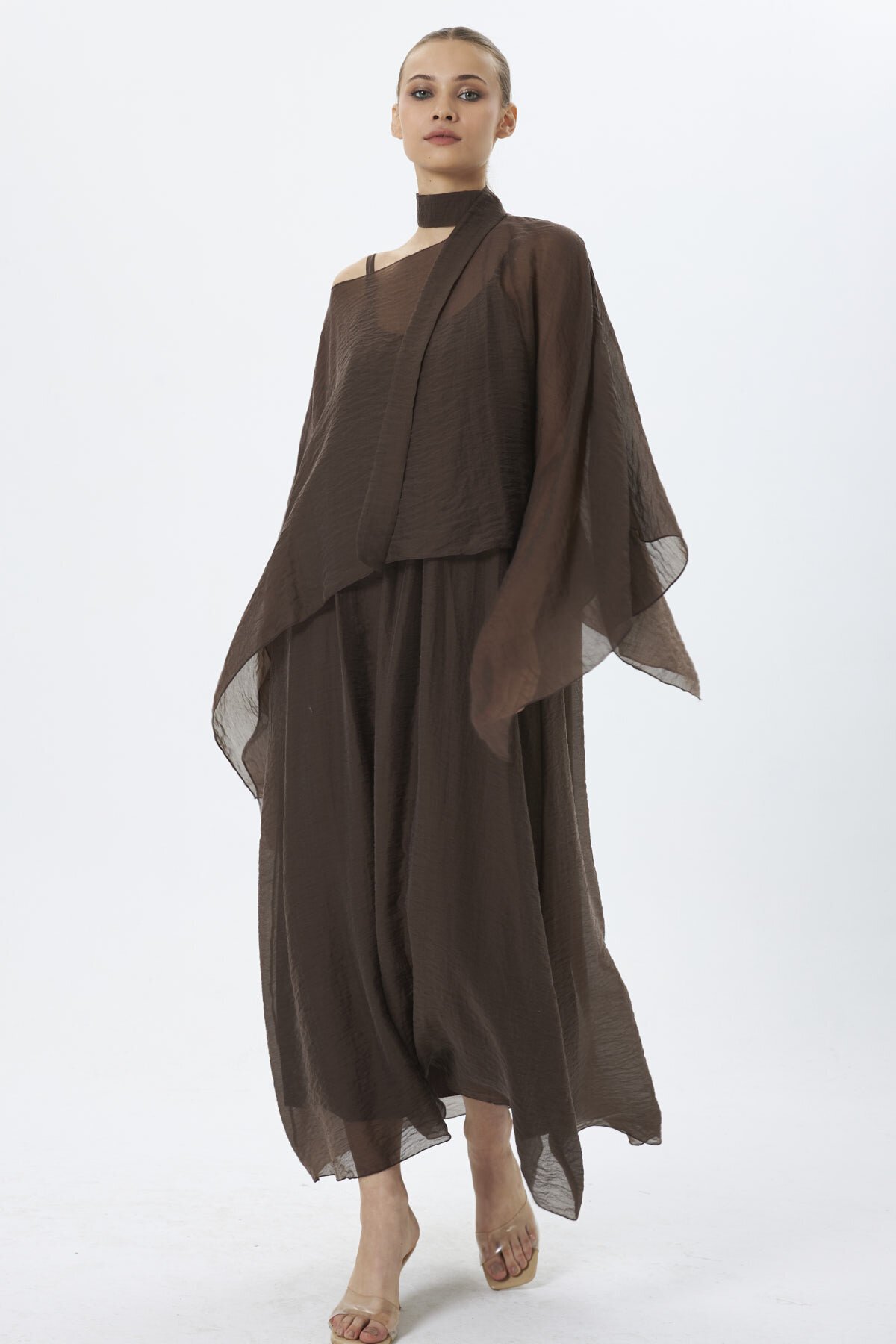 4086-Kahve Şifon Kaftan Detaylı Astar İçli Takım