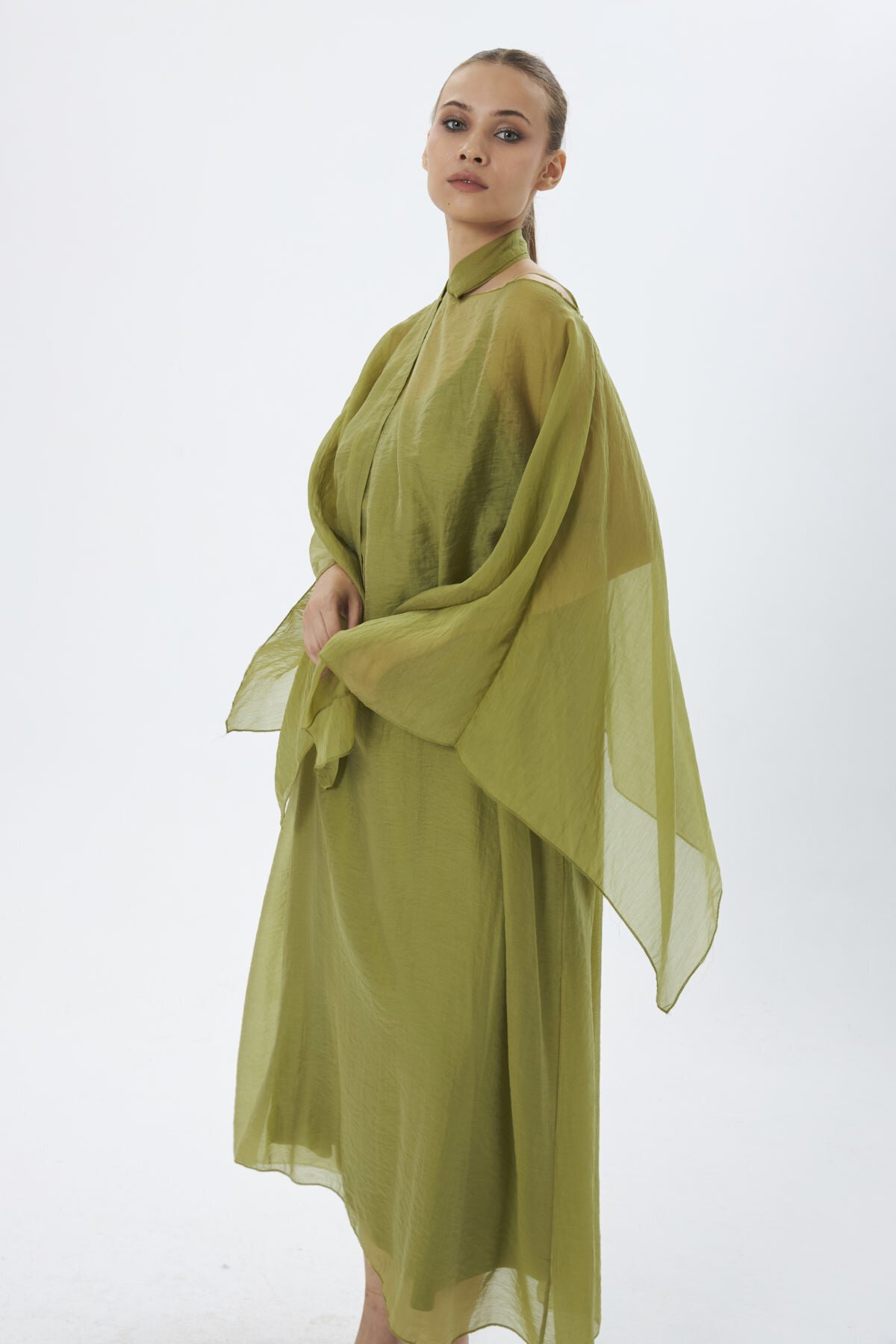 4086-Oliv Şifon Kaftan Detaylı Astar İçli Takım