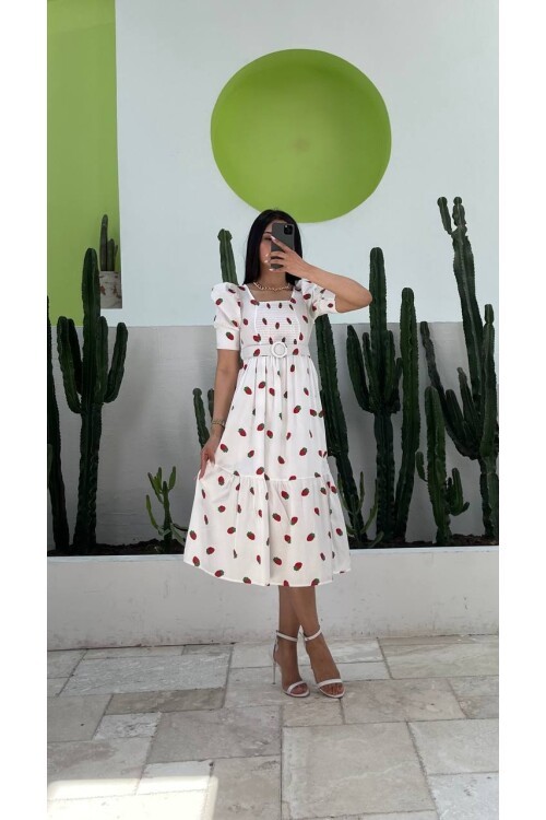 3007-ÇİLEK DESEN KEMERLİ ELBİSE