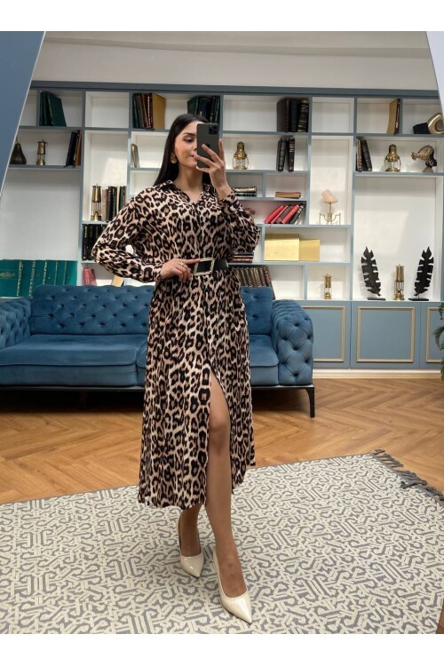 3034-LEOPAR BEJ GÖMLEK ELBİSE