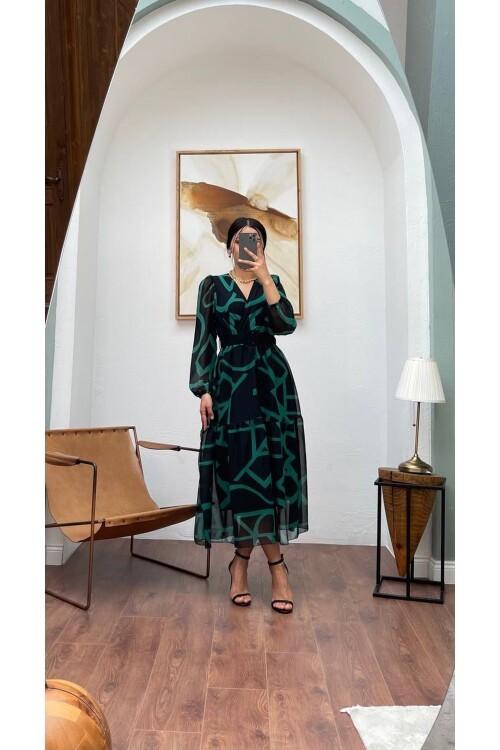 3048-SİYAH ŞİFON KRUVAZE YAKA ELBİSE