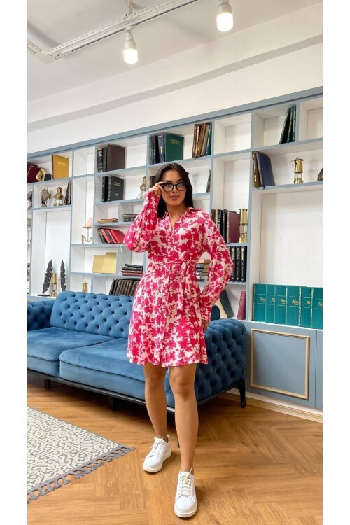 3057-PEMBE ÇİÇEKLİ KISA GÖMLEK EBİSE