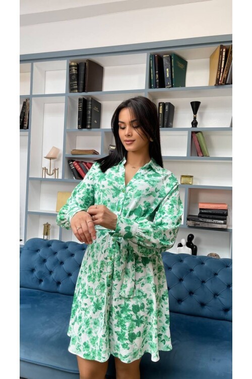 3057-YEŞİL ÇİÇEKLİ KISA GÖMLEK EBİSE