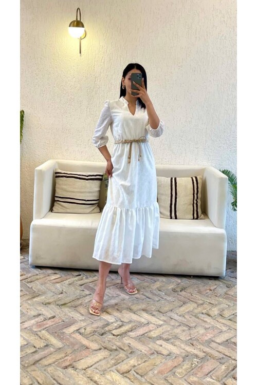 3062-BEYAZ HAKİM YAKA BRODE KUMAŞ UZUN ELBİSE