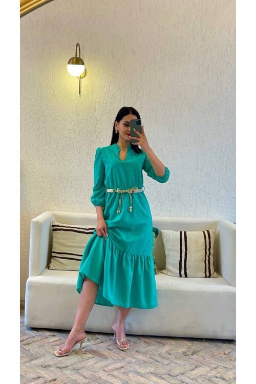 3062-YEŞİL HAKİM YAKA BRODE KUMAŞ UZUN ELBİSE