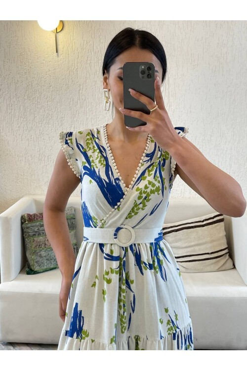 3073-MAVİ YAPRAK DESEN KEMERLİ ELBİSE