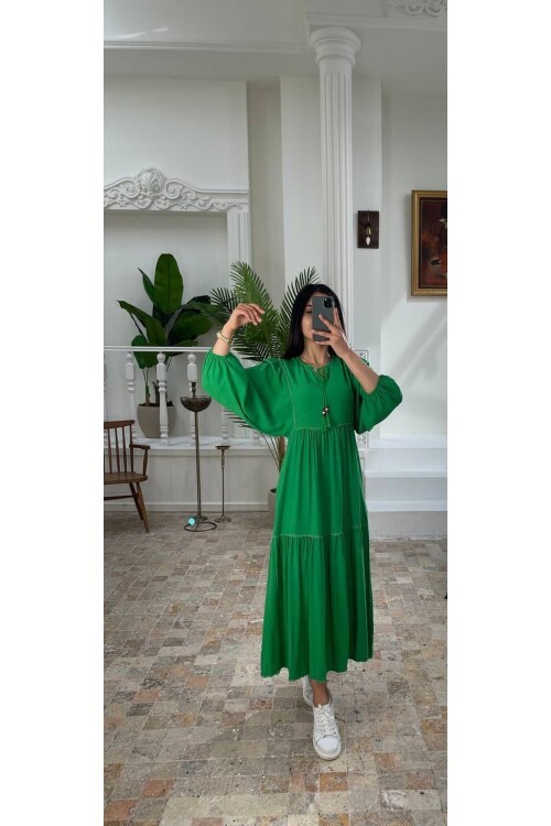 3078-YEŞİL KETEN KUMAŞ SALAŞ ELBİSE