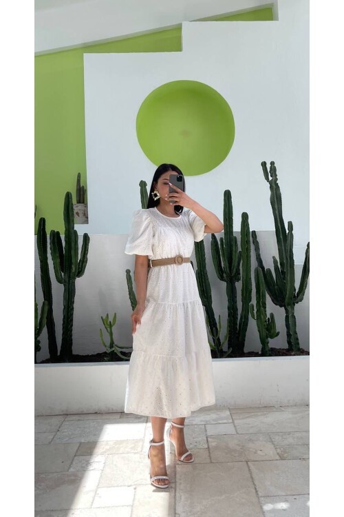 3140-BEYAZ FİSTO KUMAŞ HASIR KEMERLİ ELBİSE