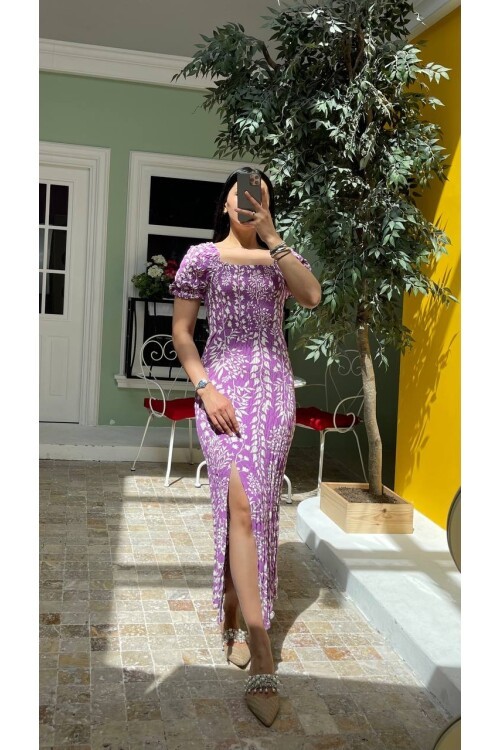 3142-LİLA FULL GİPELİ YANDAN YIRTMAÇLI ELBİSE