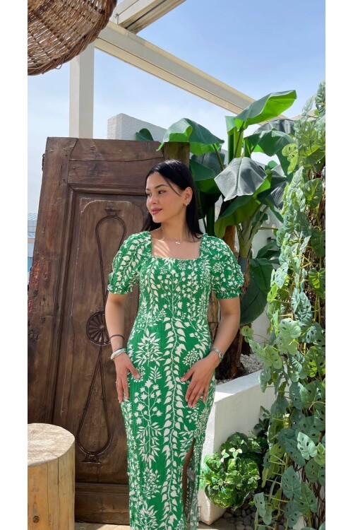 3142-YEŞİL FULL GİPELİ YANDAN YIRTMAÇLI ELBİSE