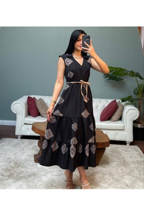 3159-SİYAH KETEN PUF DESENLİ BRODELİ ELBİSE