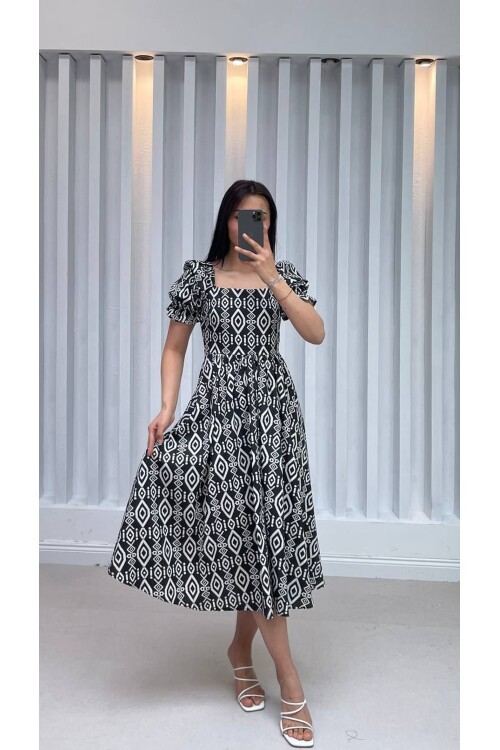 3161-SİYAH POPLİN KUMAŞ GÖĞÜS LASTİKLİ ELBİSE