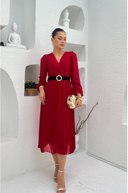 3314-KIRMIZI PLİSELİ ÇİÇEK DESEN KEMERLİ ELBİSE