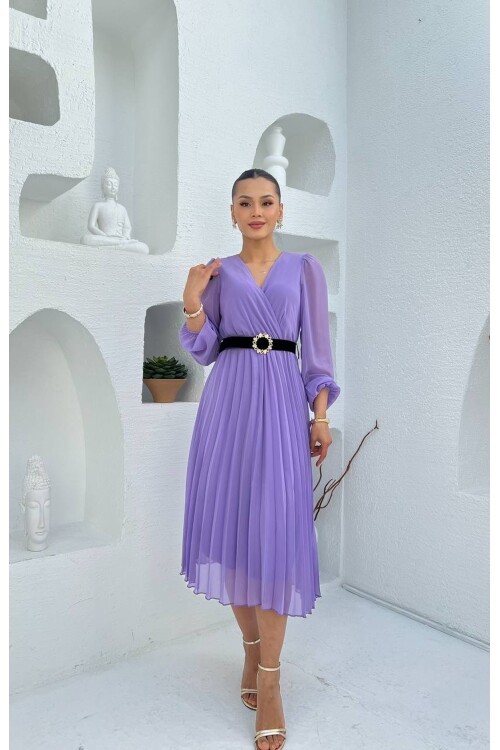 3314-LİLA PLİSELİ ÇİÇEK DESEN KEMERLİ ELBİSE