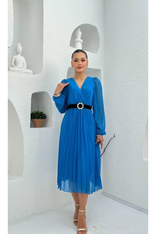 3314-SAKS PLİSELİ ÇİÇEK DESEN KEMERLİ ELBİSE