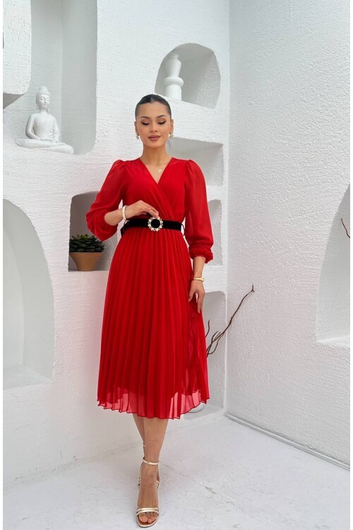 3314-TURUNCU PLİSELİ ÇİÇEK DESEN KEMERLİ ELBİSE