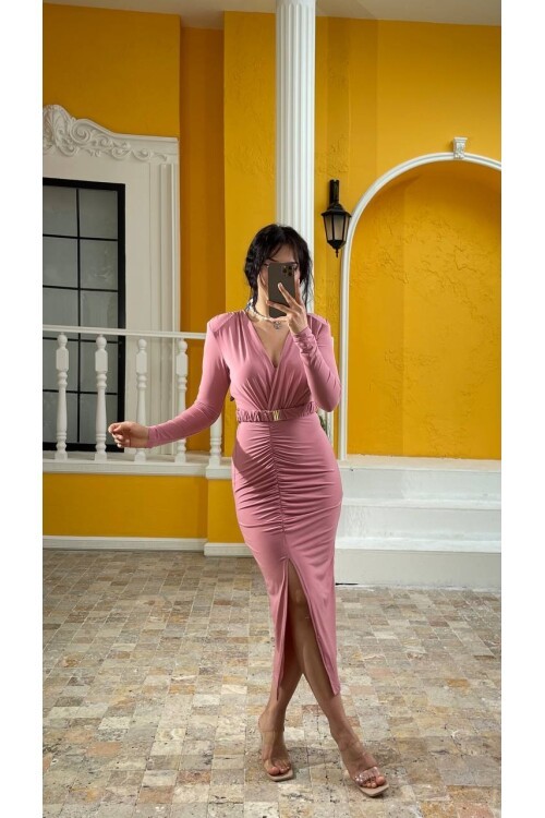 3361-PUDRA BÜZGÜLÜ DEMİR TOKA KEMERLİ ELBİSE