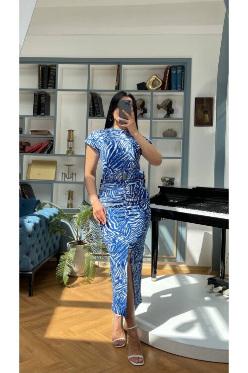 3372-MAVİ   KALEM ELBİSE