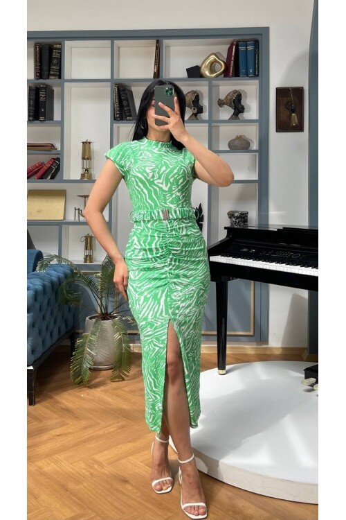 3372-YEŞİL KALEM ELBİSE