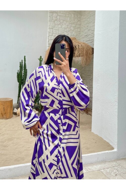 3388-LİLA ÇİZGİLİ GÖMLEK ELBİSE