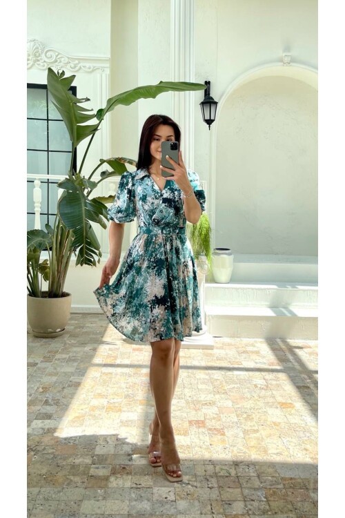 3414-YEŞİL VİSKON KUMAŞ KISA KOL GÖMLEK ELBİSE