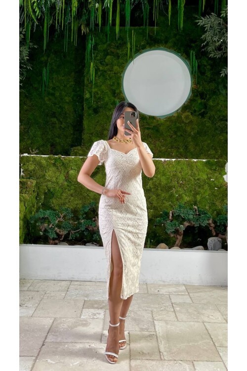 3423-FİSTO ÖNDEN YIRTMAÇLI ELBİSE