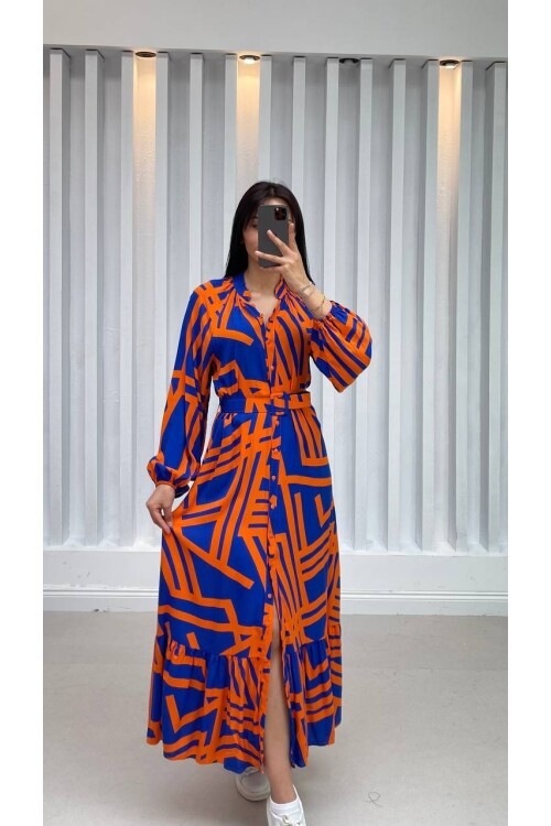 3388-SAKS ÇİZGİLİ GÖMLEK ELBİSE