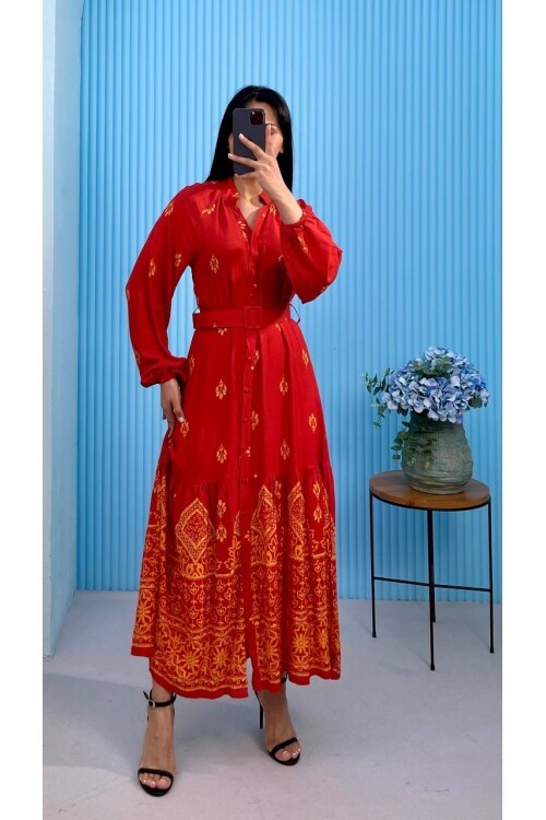 3433-TURUNCU DÜĞMELİ ALTI SULU GÖMLEK ELBİSE