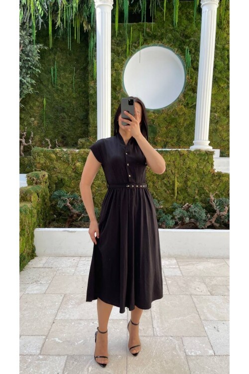 3440-SİYAH GOLD KEMER DETAY VE GOLD DÜĞMELİ ELBİSE