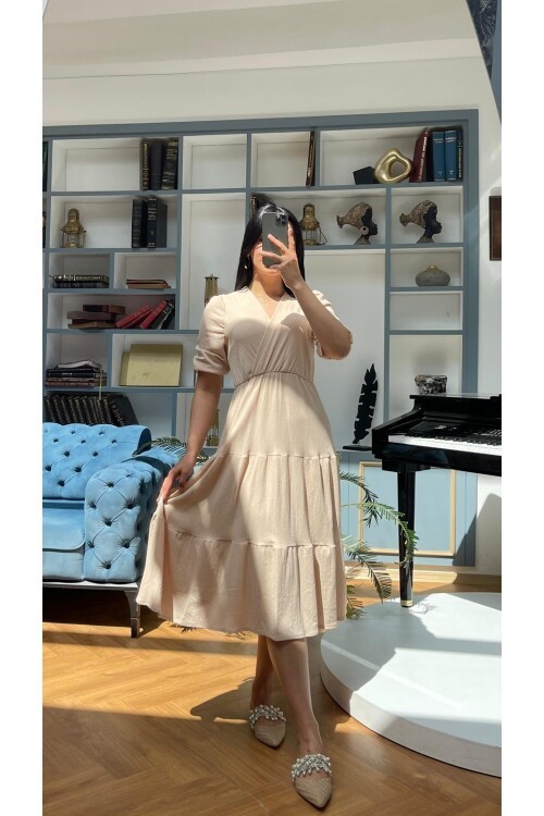 3453-BEJ KURVAZE YAKA ELBİSE