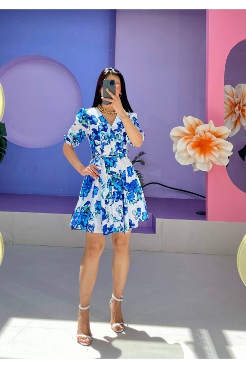 3460-MAVİ V YAKA ÇİÇEKLİ ELBİSE