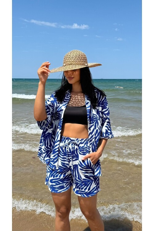 3481-MAVİ ZEBRA DESEN ŞORTLU TAKIM