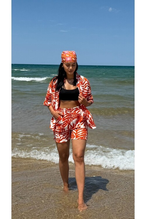 3481-TURUNCU ZEBRA DESEN ŞORTLU TAKIM